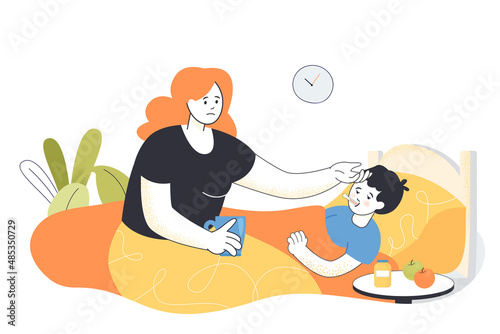 Cartoon mother taking care of child sick with flu or cold. Ill kid with fever and sore throat in bed flat vector illustration. Health, care, family concept for banner, website design or landing page