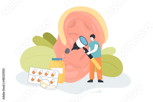 Tiny cartoon doctor examining big ear with tool. Medical examination, loss of hearing flat vector illustration. Health, otology or otolaryngology concept for banner, website design or landing web page