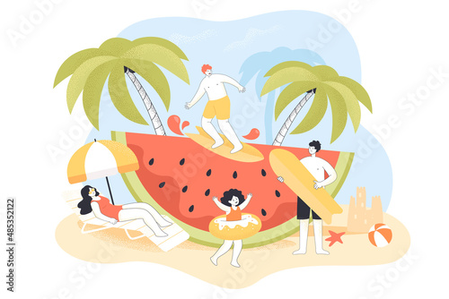 Tiny male cartoon character surfing huge watermelon. Family having fun on beach, woman sun bathing next to umbrella, pool party scene flat vector illustration. Summer activities, traveling concept