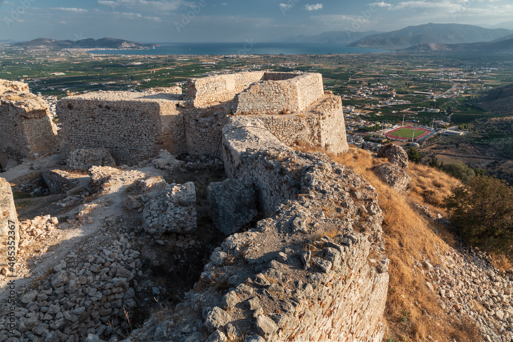 Well-preserved ruins of the ancient Greek fortress Larisa with stone walls and towers, Argos, Greece