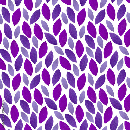Hand drawn watercolor purple leaves on a white background, seamless pattern with lilac and lavender simple shapes.