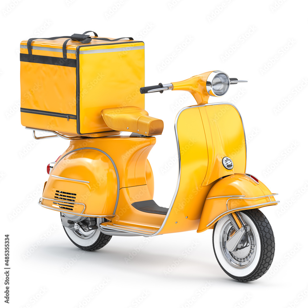 Yellow motor bike with delivery bag isolated on white. Scooter express  delivery service. Stock-Illustration | Adobe Stock