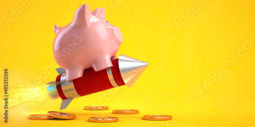 Piggy bank on a flying rocket on yellow. Financial, investing, savings and wealth management solution concept. photo
