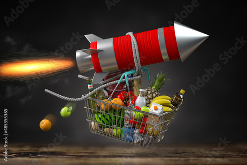Fast delivery, growth of market basket or consumer price index, inflation or growth of food sales concept. Shopping basket with foods on flying rocket.
