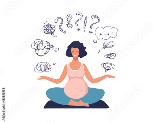 The concept of the doubts of a pregnant woman. A pregnant woman sits and thinks about her problems, question marks around her. Flat cartoon vector illustration about depression and psychological help.