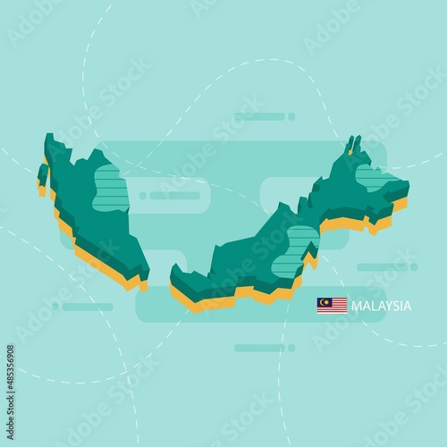 3d vector map of Malaysia with name and flag of country on light green background and dash.