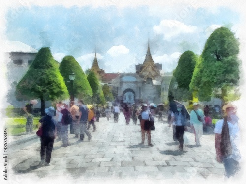 Landscape of the Grand Palace, Wat Phra Kaew in Bangkok watercolor style illustration impressionist painting.