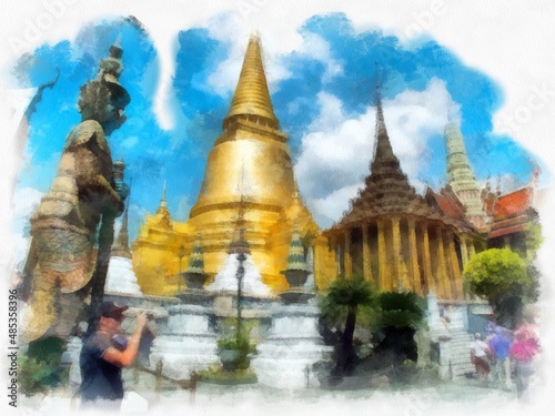 Landscape of the Grand Palace  Wat Phra Kaew in Bangkok watercolor style illustration impressionist painting.