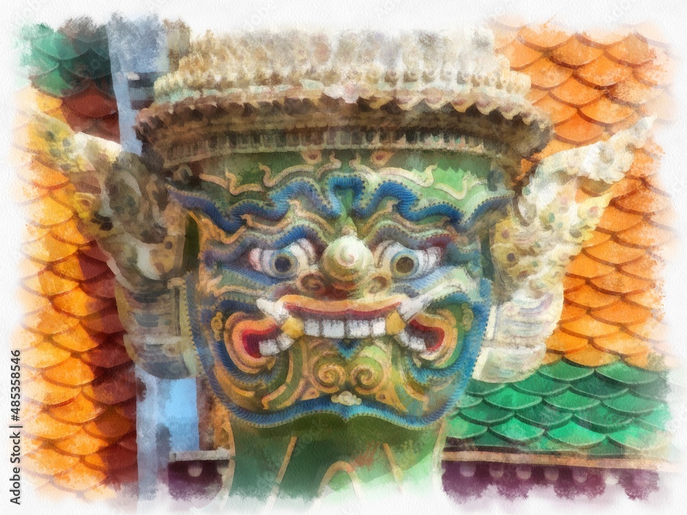 Fototapeta premium Ancient giant statue in the Grand Palace, Bangkok watercolor style illustration impressionist painting.