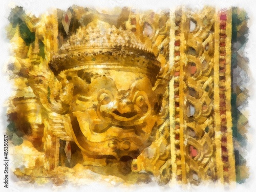 Ancient giant statue in the Grand Palace, Bangkok watercolor style illustration impressionist painting. © Kittipong