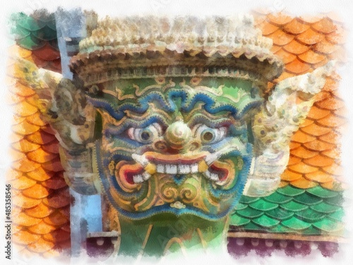 Ancient giant statue in the Grand Palace, Bangkok watercolor style illustration impressionist painting.