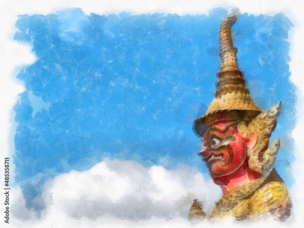Ancient giant statue in the Grand Palace, Bangkok watercolor style illustration impressionist painting. Ancient giant statue in the Grand Palace, Bangkok watercolor style illustration impressionist painting.