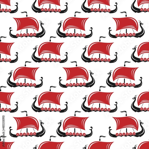 Drakkar vikings pattern vector illustration. Viking transport warship seamless background. Viking ship boat scandinavia texture