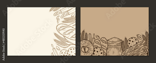 Vector horizontal bakery banners with copy space. Bread and bakery illustrations, vector food icons