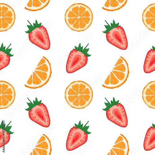 vector pattern with strawberry halves and orange slices on a white background