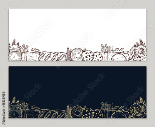 Vector horizontal bakery banners with copy space. Bread and bakery illustrations, vector food icons