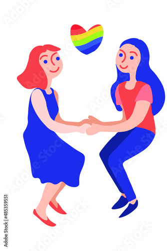 Two lesbian girls with a heart with an LGBT flag. Valentine 's Day .