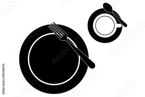 Plate, saucer, cup and cutlery, symbol for menu, cafe or restaurant, black icons isolated on white background