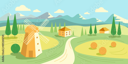 Fototapeta Naklejka Na Ścianę i Meble -  Landscape village in the mountains, countryside. Windmill, haystack. Vector stock illustration. 