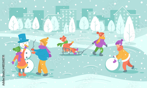Winter fun. Children play for a walk in the city winter park. Vector stock illustration in flat style. 