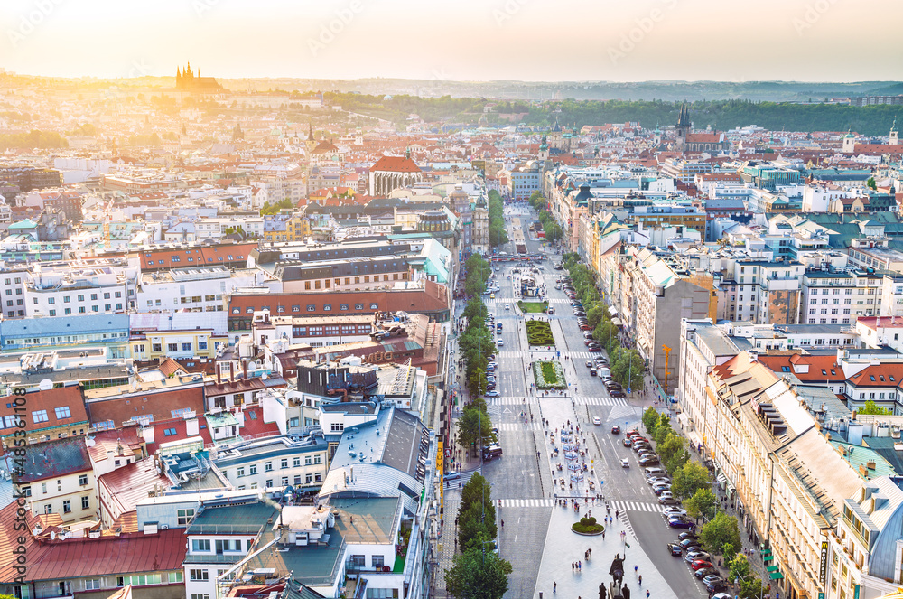 Fototapeta premium Prague panorama from the crane - Prague castle with vaclavske namesti from above