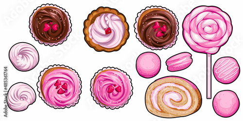 Set of cupcakes, macaroons and lollipop