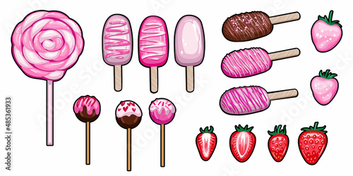 Set of pink sweets, lollipop and strawberries