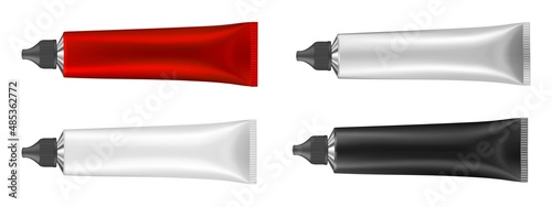 Set of 4 multicolored tubes. Vector illustration of cream or toothpaste tube. Ointment. Salve. Glue tube. Oil paint. Black, red, silver and white metal tubes.