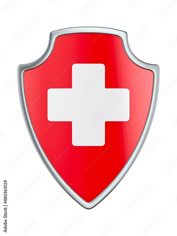 Fototapeta premium red shield with white cross on white background. Isolated 3D illustration