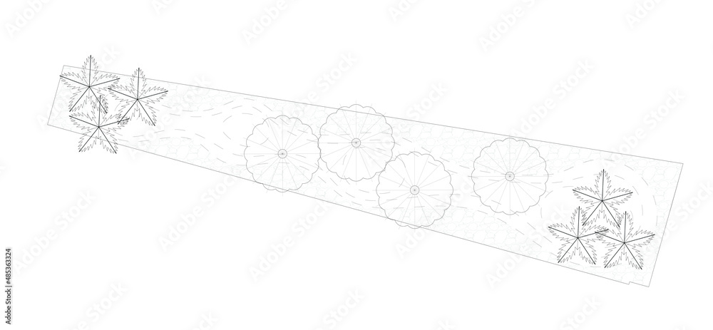 Architectural graphic or symbol of the trees and planter box in landscape design from the top view. It is usually used in plan drawing or architectural layouts. 2D CAD image in black and white.
Architectural graphic or symbol of the trees and planter box in landscape design from the top view. It is usually used in plan drawing or architectural layouts. 2D CAD image in black and white.