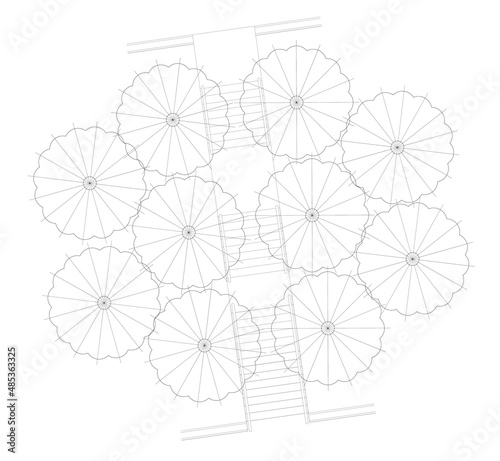 
Architectural graphic or symbol of the trees and planter box in landscape design from the top view. It is usually used in plan drawing or architectural layouts. 2D CAD image in black and white.