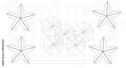  Architectural graphic or symbol of the trees and planter box in landscape design from the top view. It is usually used in plan drawing or architectural layouts. 2D CAD image in black and white.