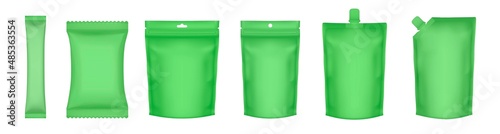 Set of realistic doy pack mockups. Green flow pack, sachet, zip bag and doypack. Ice cream wrapper. Sheet mask sachet. Tea, sause or candy packaging.