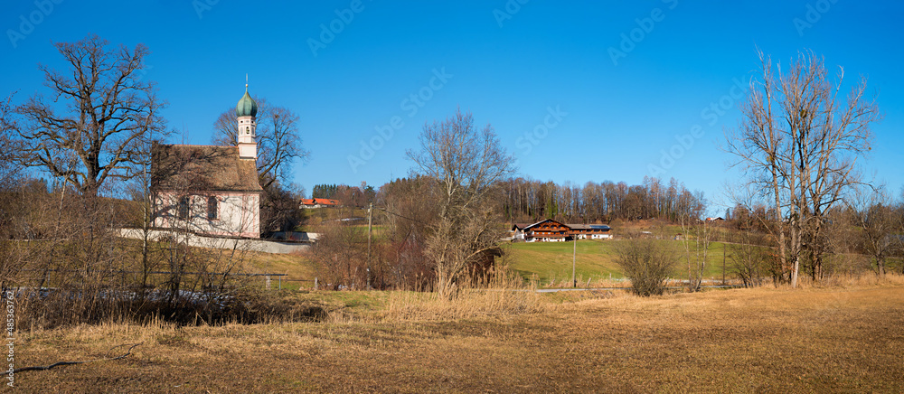 early springtime landscape panoram upper bavaria, near Murnau, historic chapel Ramsach Kircherl