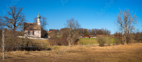 early springtime landscape panoram upper bavaria, near Murnau, historic chapel Ramsach Kircherl