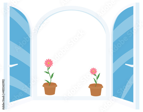  Cartoon open window with pink pot flower. Vector illustration isolated on white background.