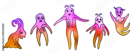 Funny alien monsters vector cartoon illustration collection. Cute cosmic characters with smiling faces, kind alien monsters set. Space beasts, silly creatures, freaky demons or trolls, ghosts