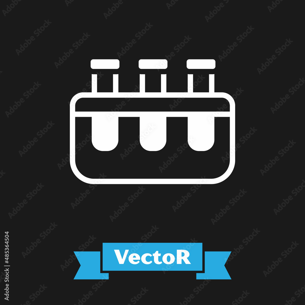 White Test tube and flask chemical laboratory test icon isolated on black background. Laboratory glassware sign. Vector White Test tube and flask chemical laboratory test icon isolated on black background. Laboratory glassware sign. Vector