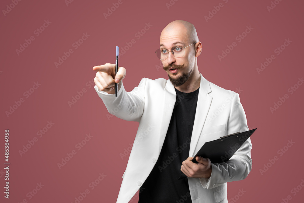 Male lecturer of university or college discusses with students new theory, while gesturing hand Male lecturer of university or college discusses with students new theory, while gesturing hand