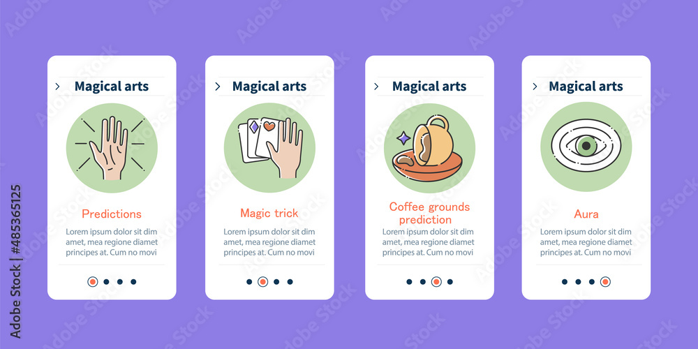 Naklejka premium Magical arts onboarding mobile app screens. Magic trick, coffee grounds predictions and aura. Rituals steps menu. Set of UI, UX, web template with RGB color linear icons