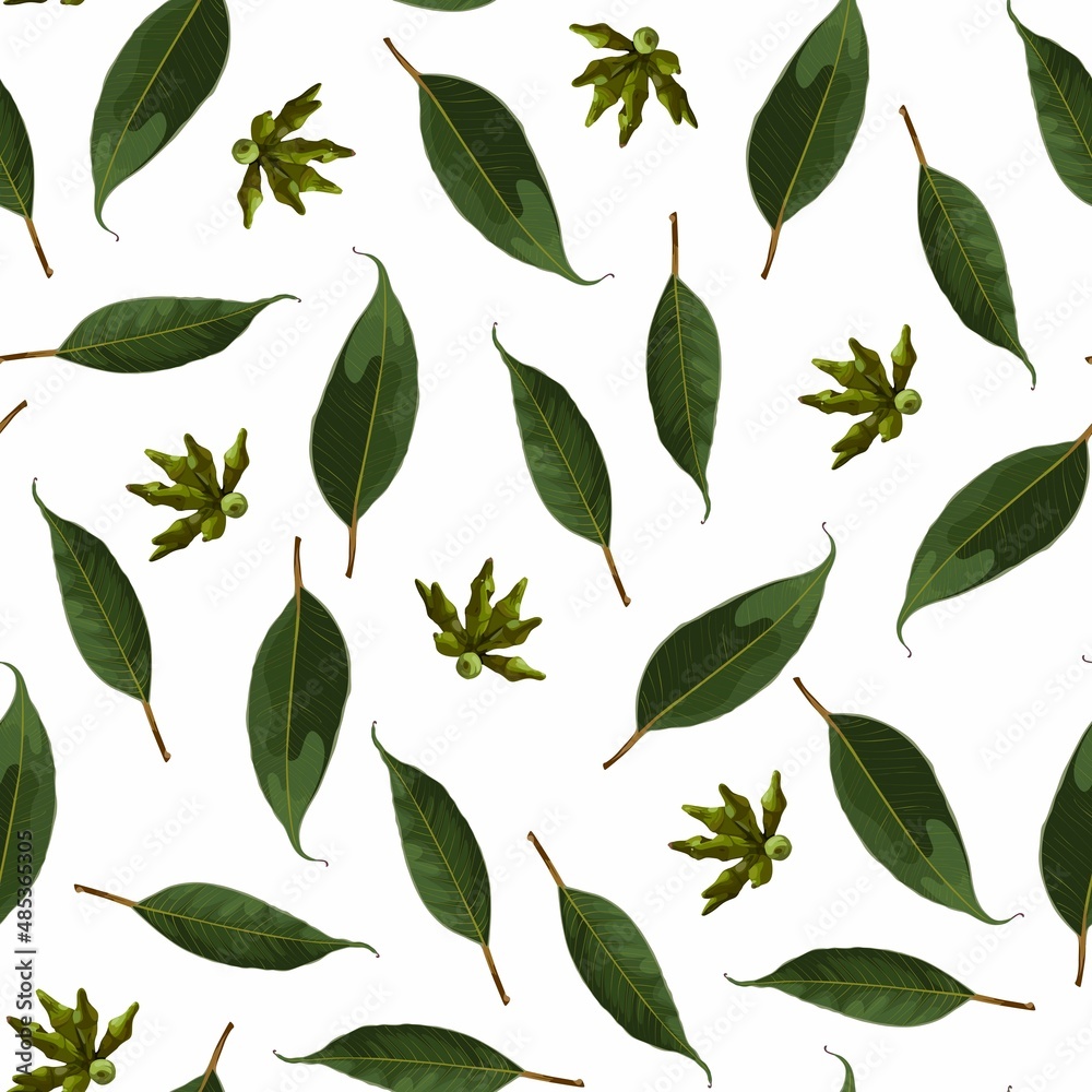 Seamless pattern with branches of  Eucalyptus in bloom on a white background. Illustration of foliage and natural leaves. Template for floral textile design.
