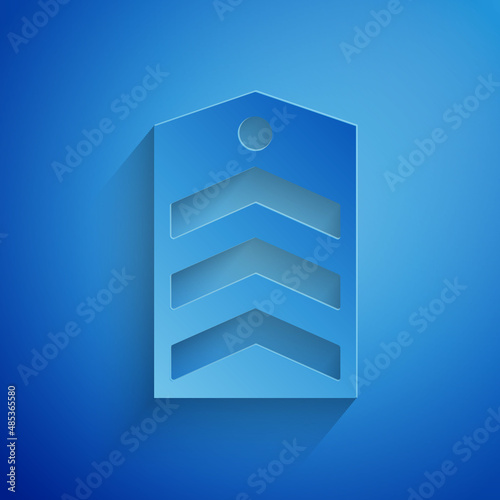 Paper cut Chevron icon isolated on blue background. Military badge sign. Paper art style. Vector