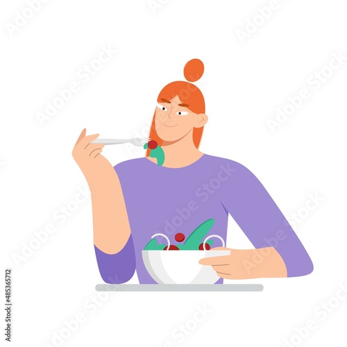 Girl eating healthy vegetable salad. Flat vector illustration