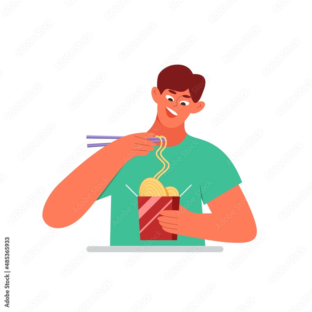 Man eating asian noodle or wok. Flat vector illustration.