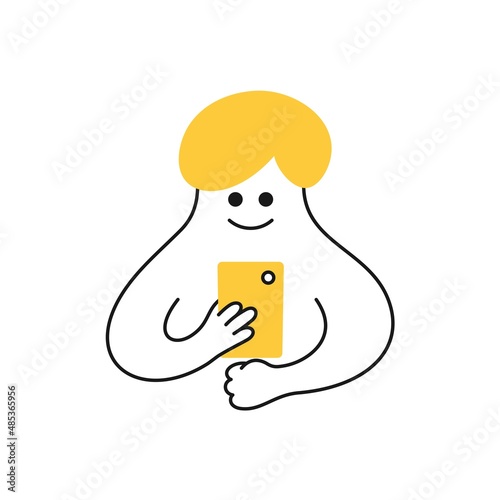 Man using a smartphone and smiling. Looking at the smartphone; chatting, video call, surfing web, messaging, social media. Cartoon vector illustration line design.
