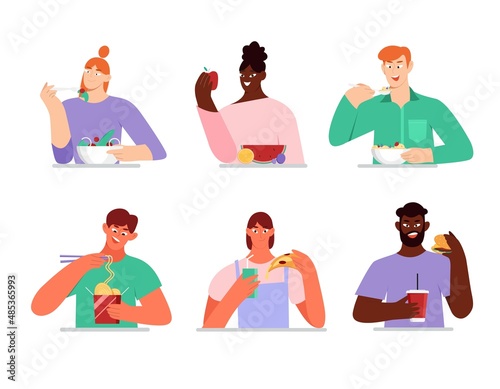 People eating different meal, healthy and fast food. Vector illustration in flat style.