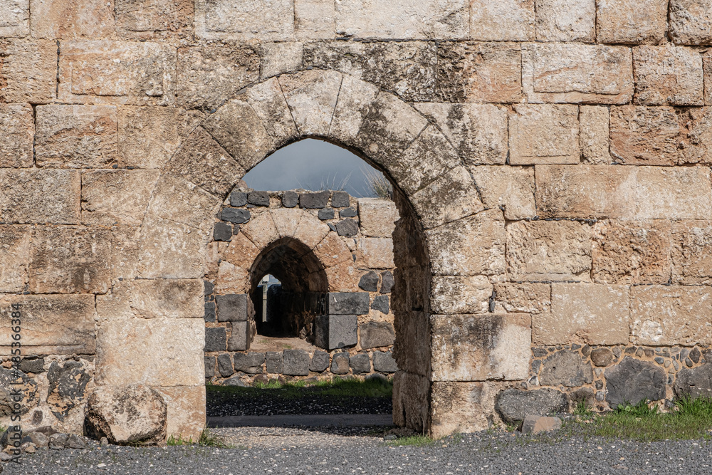 Arched Doorway in Belvoir Crusader Castle, located high above the Jordan Valley, South of the Sea of Gallelee and North of Beit Shean, Northern Israel, Isreal.  
