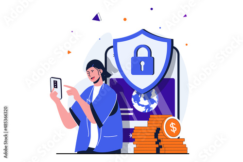 Secure payment modern flat concept for web banner design. Woman uses protect mobile application for online banking and keeps her money in account. Vector illustration with isolated people scene