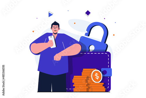 Secure payment modern flat concept for web banner design. Man buys safely on Internet and stores his money on electronic wallet in online banking app. Vector illustration with isolated people scene