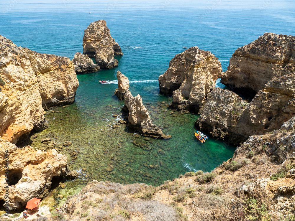 Rocky coast with cliffs, Ponta da Piedade, Algarve, Lagos, Portugal,